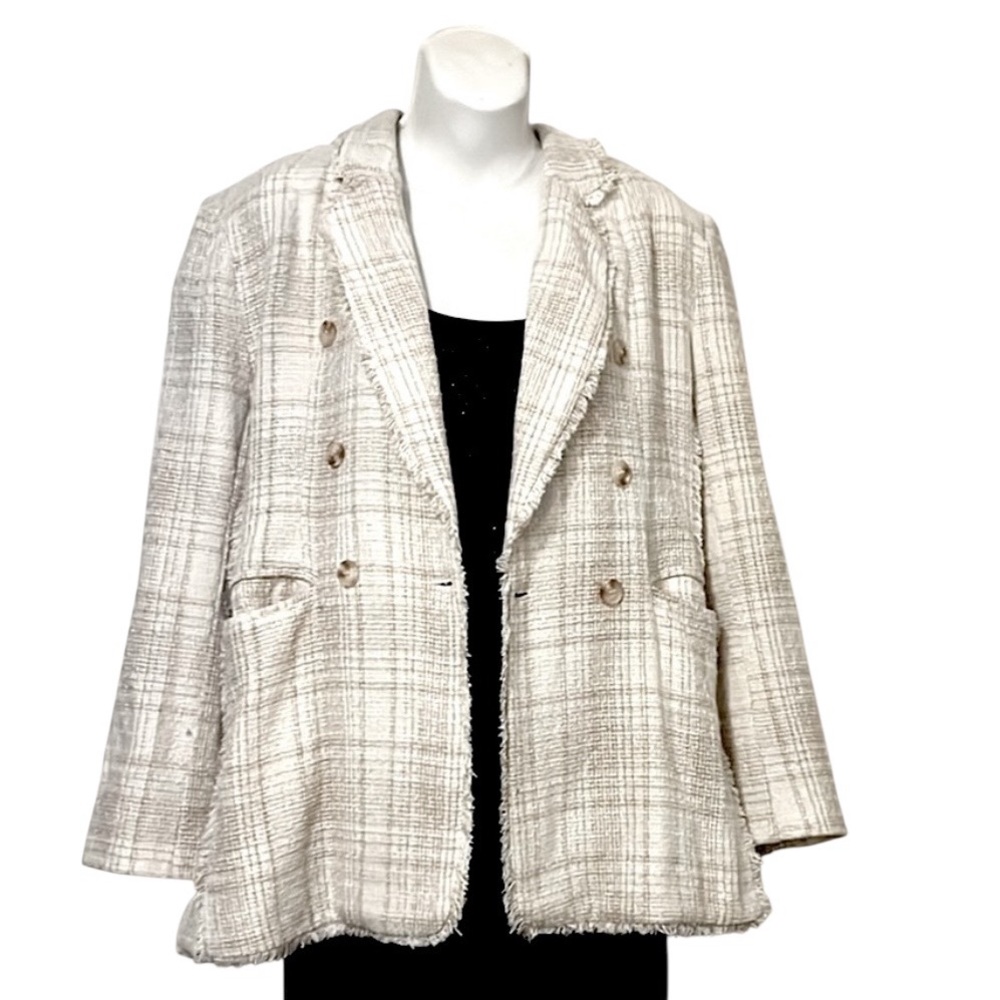 Women’s Double Breasted Cream & Tan Fringe Trim Tweed Plaid Suit Blazer Jacket M